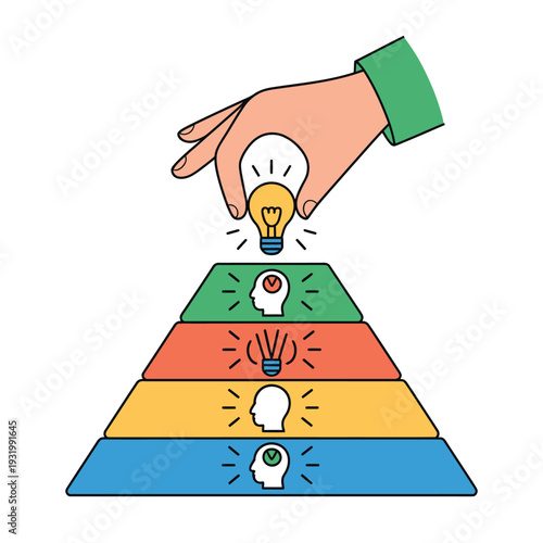 A hand placing a lightbulb on top of a colorful pyramid with ideas and inspiration