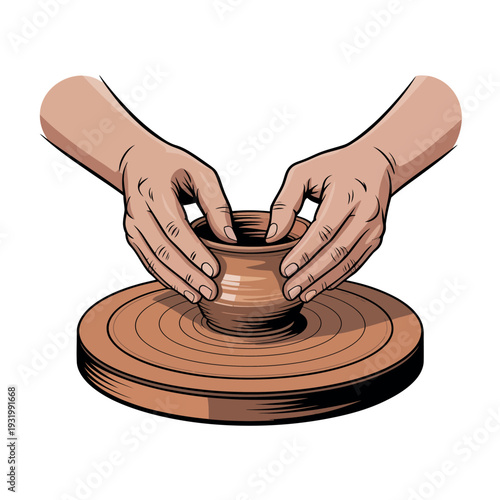 A person skillfully shaping a clay pot on a pottery wheel with their hands.