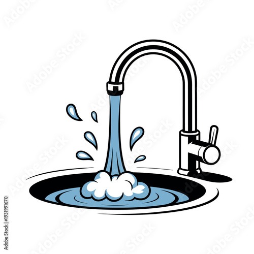 A cartoon illustration of a faucet with water flowing into a sink