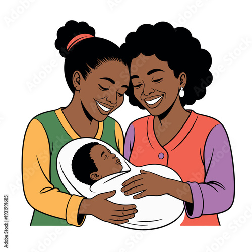 Two smiling women holding a swaddled baby together in a heartwarming moment of love and connection.