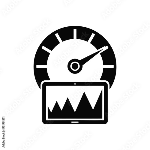 Speedometer overlaying a tablet showing a fluctuating performance graph.