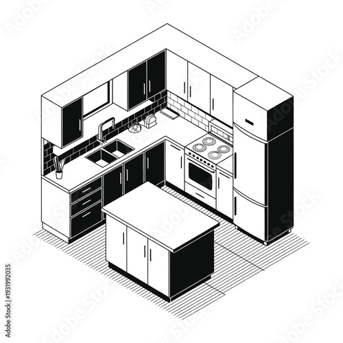 Isometric view shows a modern kitchen layout with an island.