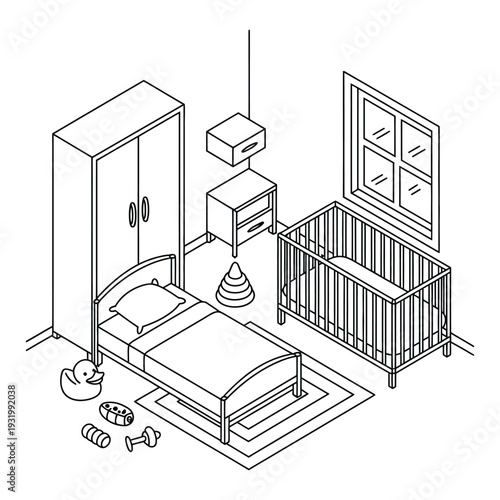 Nursery room layout features a crib, child bed, and various hanging.