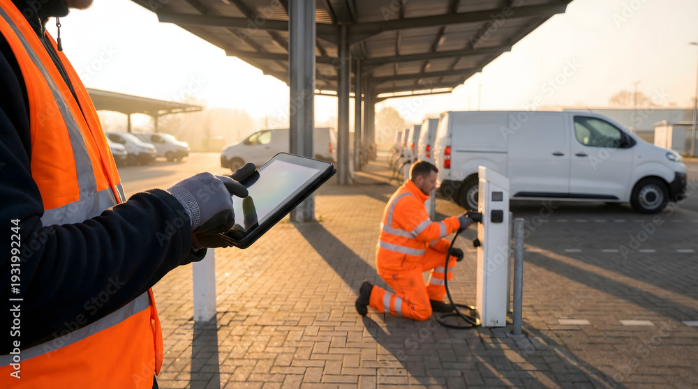 Fototapeta premium commercial electric vehicle fleet charging station with technicians in orange safety vests using digital tablet to monitor white delivery vans at sunrise industrial transport