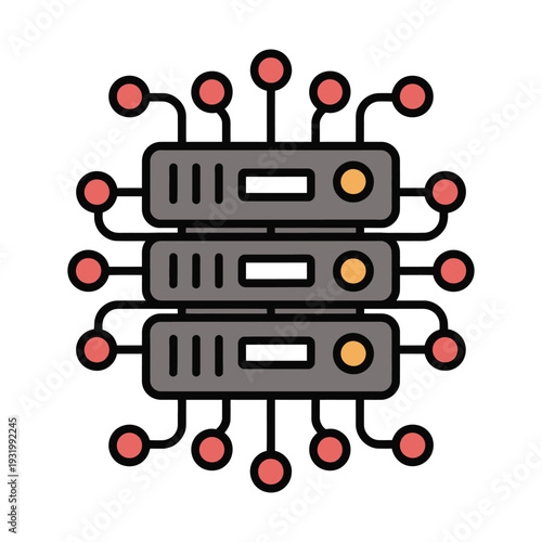 Stacked computer servers illustrate data center infrastructure.