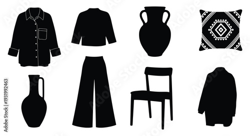 Assortment of clothing furniture and vessels in a striking black silhouette