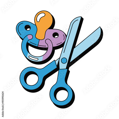 Scissors cut a colorful pacifier symbolizing weaning or developmental.