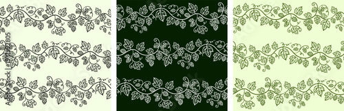 hand drawn seamless hop plant pattern set with beer cones and leaves floral vine borders for craft brewery packaging