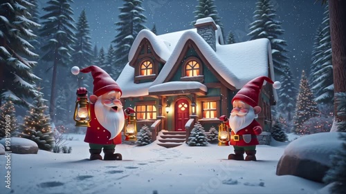 Cute cartoon gnomes with lanterns near a house in the winter forest
