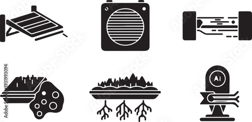 Set of Passive Urban Cooling Icons: Green Roofs, Smart Fans, and Natural Ventilation