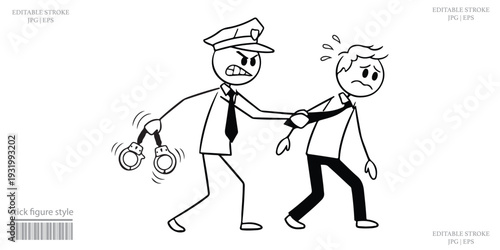 Stick Figure Cartoon Police Officer Arresting Sweating Suspect