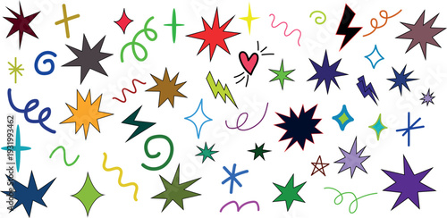 Colorful collection of hand drawn stars lightning bolts and hearts
