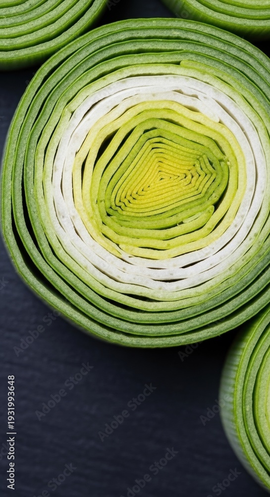 Obraz premium close-up of fresh green and white cabbage layers on dark slate background