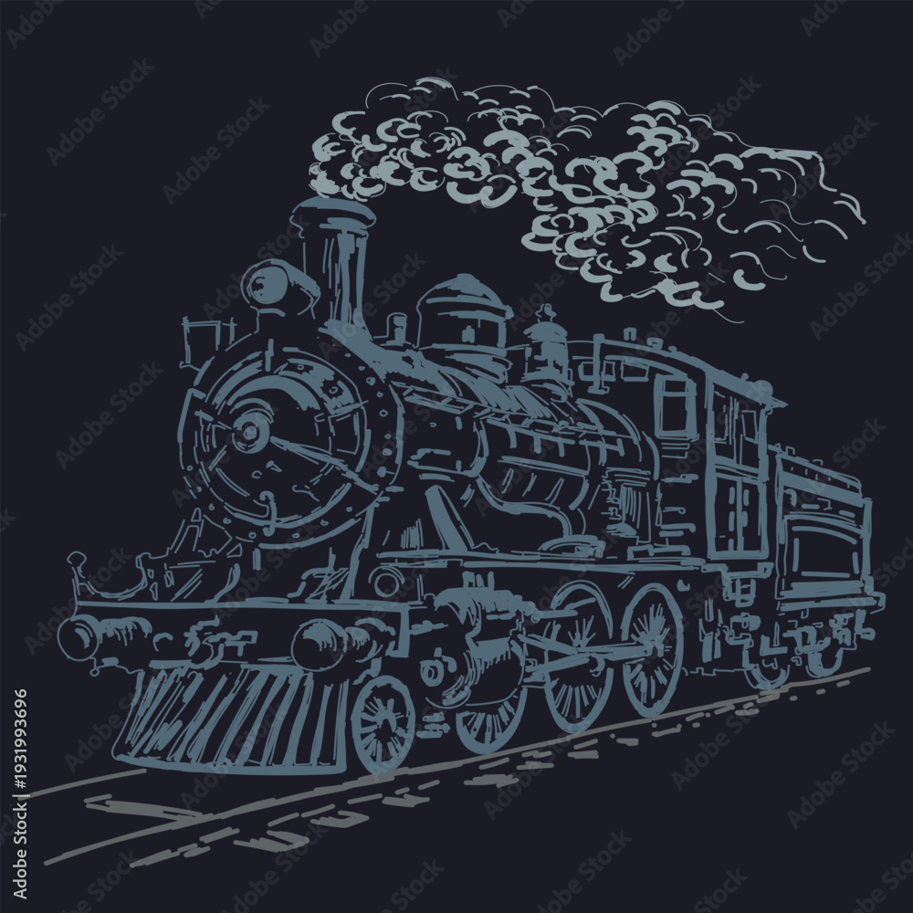 Obraz premium An old vintage steam locomotive with steam and smoke on a dark background. Vector illustration in gray and dark tones for design in a style inspired by the energy and power of metal and steam.