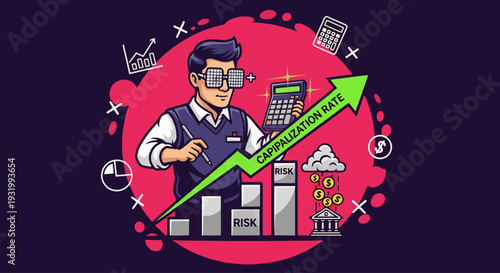 Businessman analyzing financial growth with calculator and rising capitalization rate