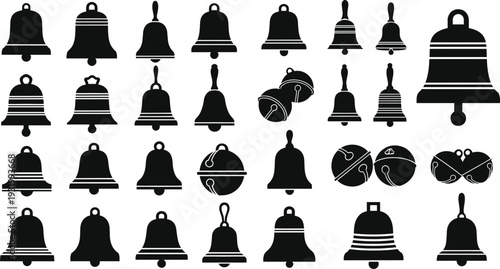 Large Collection of Black Bell Silhouettes Featuring Church Bells Handbells Sleigh Bells and Jingle Bells for Christmas Decoration and Graphic Design
