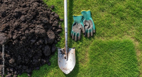 gardening tools resting on lush grass ready for planting in a sunny backyard