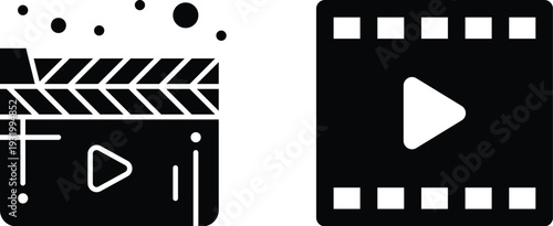 Clapper board icon set. Open and closed movie clapper. Vector EPS 10, Photo and video icon set. Icons of photography, image, photo gallery, video camera and photo camera. Diaphragm icon. image, video