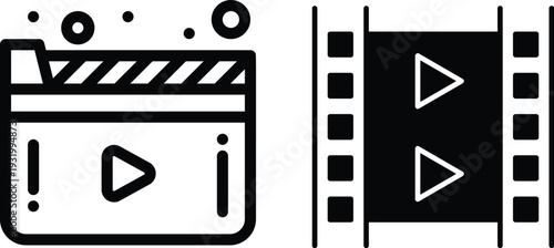 Clapper board icon set. Open and closed movie clapper. Vector EPS 10, Photo and video icon set. Icons of photography, image, photo gallery, video camera and photo camera. Diaphragm icon. image, video