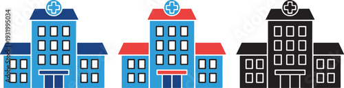 Hospital Building Icon Set, Red, Blue, and Black Variations