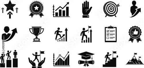 Business success icons set with growth charts, career ladders, achievement awards, trophies, goals, leadership symbols, mountain peaks, and professional development progress.
