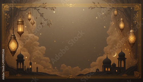 Islamic lanterns hanging from tree branch with mosque silhouettes at night sky with clouds