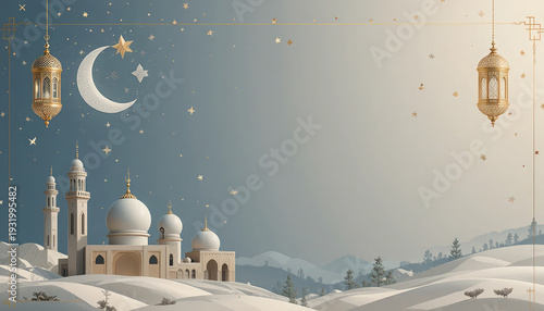 A serene mosque under a starry night sky with crescent moon and lanterns in desert landscape