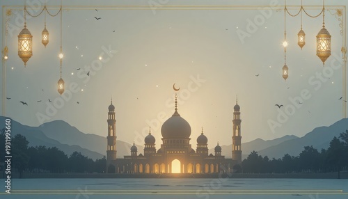 Beautiful mosque with domes and minarets at sunset with hanging lanterns and birds flying