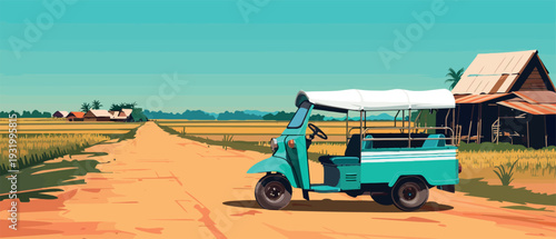 A bright turquoise tuk-tuk is parked on a dirt road in the countryside. The vehicle stands out against the backdrop of golden fields and a clear blue sky. 