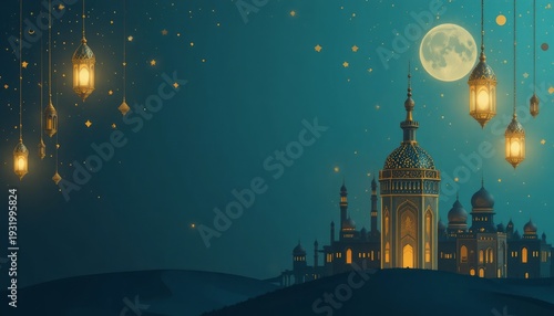Golden mosque with hanging lanterns under starry night sky with full moon  Islamic architecture