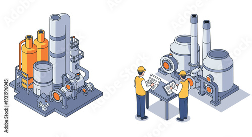 Isometric industrial plant with engineers analyzing equipment on site
