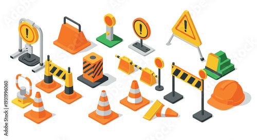 Colorful isometric traffic and construction safety signs collection for urban planning