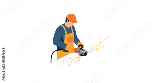 Industrial worker operating angle grinder with sparks in detailed flat design