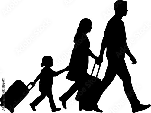 Small family walking with suitcases silhouette isolated on white background vector