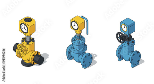 Isometric industrial valves with pressure gauges in modern design