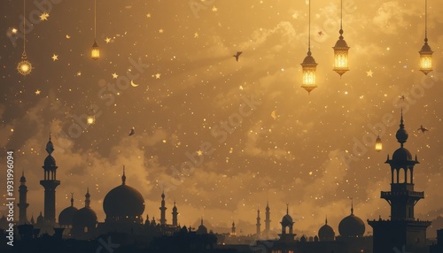 Islamic architecture silhouette with hanging lanterns and stars in the night sky scene