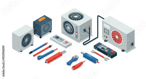 Isometric hvac tools and equipment set for repair and maintenance projects