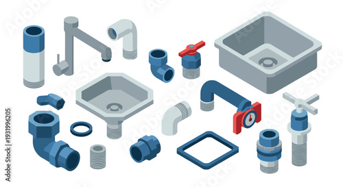 Isometric plumbing components collection: pipes, faucets, and fittings
