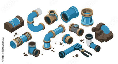 Isometric plumbing components set with pipes, fittings, and tools for construction and repair
