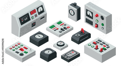 Industrial control panels isometric design featuring various switches and gauges