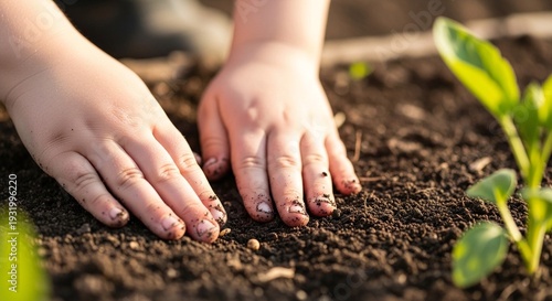 Small hands planting a seedling in rich soil