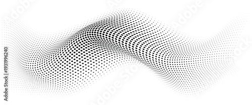 Flowing Wave Dot Halftone Pattern: Curve Gradient Shape on Transparent Background. Suitable for AI, Tech, Network, Digital, Science, and Technology Themes.