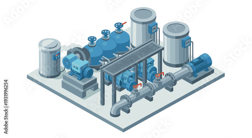 Isometric industrial water treatment plant with pumps and valves