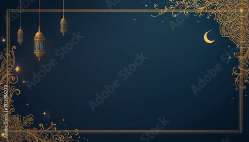 Gold Islamic lanterns and crescent moon on dark blue background with ornate frame and stars