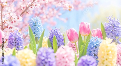Vibrant spring flowers in colorful garden with tulips and hyacinths