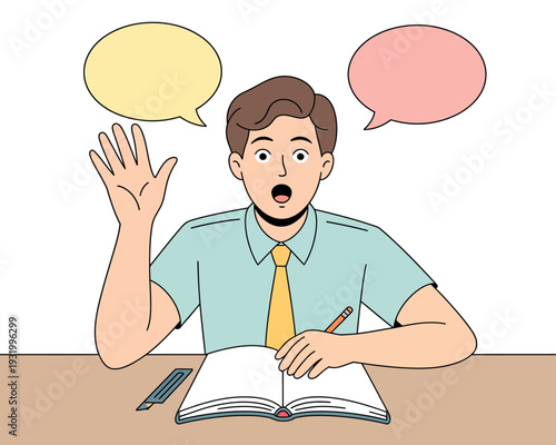 A cartoon man sitting at a desk with an open book and a surprised expression, raising his hand with speech bubbles above him.