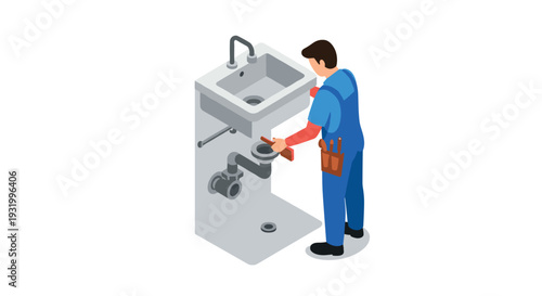 Plumber fixing kitchen sink with tools in isometric style