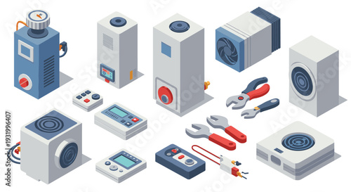 Isometric hvac equipment set with tools and thermostats for modern building systems