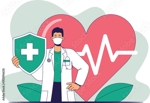 A doctor in a white coat and face mask holds a green shield with a white cross in front of a large pink heart with an ECG line.