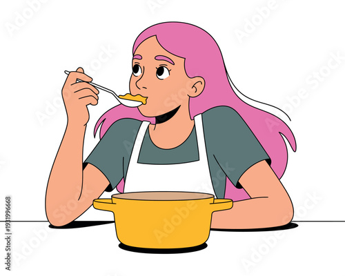 A cartoon woman with pink hair eating from a yellow pot with a spoon